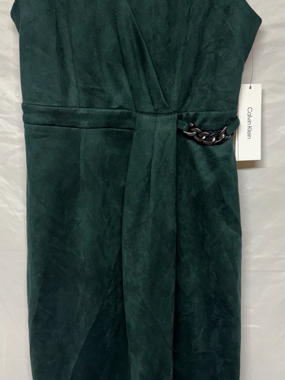 Calvin Klein Women’s Size 4 Green Faux Suede Sheath Dress Chain Waist NWT